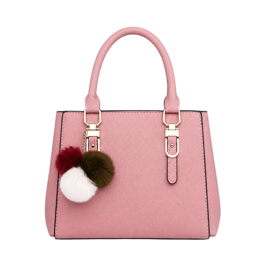 Vaset Premium Pink Leather Handbag with Triple Pom Charm for Women