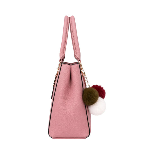 Vaset Premium Pink Leather Handbag with Triple Pom Charm for Women