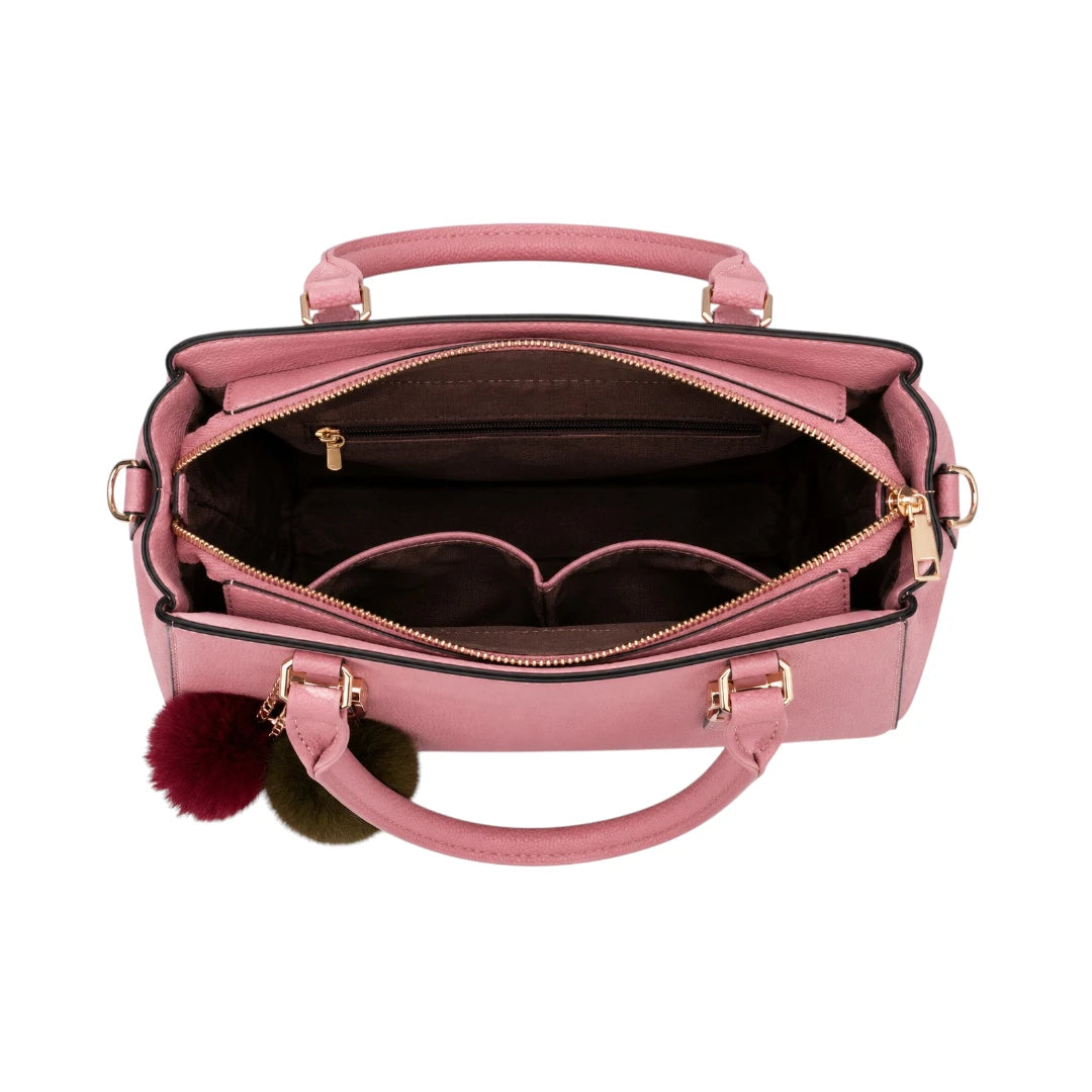 Vaset Premium Pink Leather Handbag with Triple Pom Charm for Women