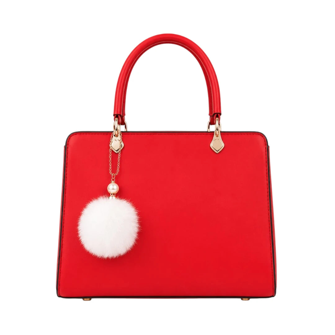 Vaset Premium Red Leather Handbag with Pom Charm for Women