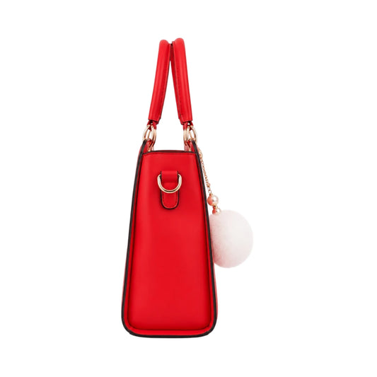 Vaset Premium Red Leather Handbag with Pom Charm for Women
